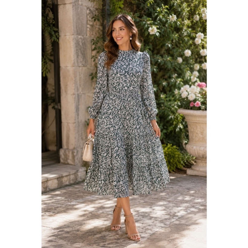 Floral Gathered Waist Green Dress